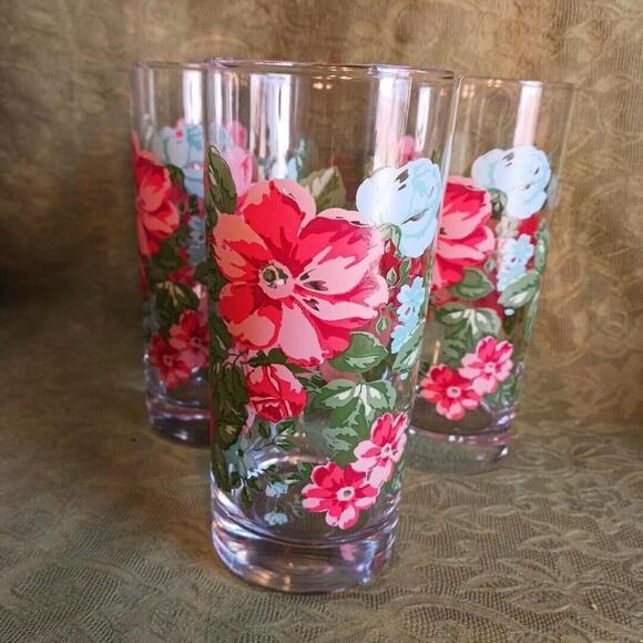 Pioneer Woman 16 oz Drinking Glasses Vintage Floral Set of 3 Red Turquoise - Picture 1 of 5